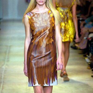 Prada Trompe L'oeil Feather Shift Dress Sleeveless Silk Runway 2005 Brown EU 38